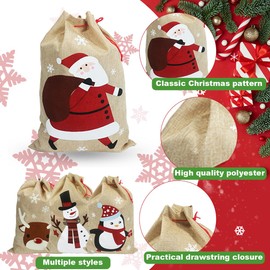 Christmas Sacks – 13.8'' x 19.7'' / 35x50cm Medium Christmas Hessian Linen Drawstring Goody Gift Bags. 4 Designs Santa Snowman Reindeer Penguin. Pack of 4.