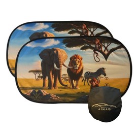 AIMAQ - Set of 2 Premium Car Sun Shade for Children with Animal Motif Safari UV Protection Sun Visor for Side Window / Window Screen - Sun and Heat with Animals: Elephant, Lion, Monkey, Zebra
