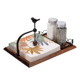 NPKCJZY Napkin Holder for Table, Farmhouse Wooden Napkin Dispenser with Black Weighted Arm, Rustic Paper Napkin Holder with Salt and Pepper Shakers for Kitchen Coffee Bar & Home Decor