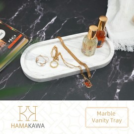 HAMAKAWA Bathroom Vanity Tray, Large Natural Marble Oval Sink Tray 10 Inch, Jazz White Limestone Dresser Tray for Soap Dispenser Modern Countertop Organizer for Kitchen Countertops, Home Decor