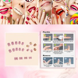 Rchovsam Short Press on Nails Square French Fake Nails with Design Gold Bow-Tie Glue on Nails Full Gold Diamond False Nails Kit for Women 24pcs