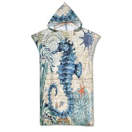 Rowjoy Beach Towel Poncho, Ocean Animal Print Surf Poncho, Blue Underwater World Beach Towel with Hood, Towel Poncho, Quick Drying Bath Poncho for Adults (Seahorse – 75 x 110 cm)