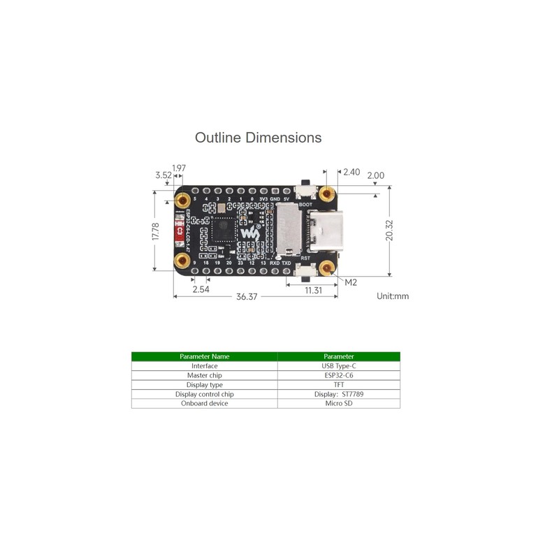 waveshare ESP32-C6 1.47inch Display Development Board with pre-soldered Header 172×320