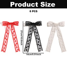 6PCS Vintage Lace Bow Hair Clips, 3 Colors (Black/White/Red) Large Long Tail Ribbons Hair Bows, 5.5×10.6inch Elegant Hair Barrettes for Women & Girls Daily & Party Decor Hair Accessories Gifts