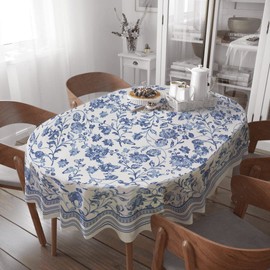 Virtumob Oval Tablecloth - 60 x 84 Inch Blue Floral Rustic Tablecloth Classic French Country Printed Table Cover for Farmhouse Decoration, Suitable for Home, Kitchen, Indoor and Outdoor Dining Table