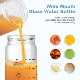 Olivego 12oz Juice Bottles - 4 Pack Wide Mouth Glass Bottles with Lids- BPA Free, Bamboo Lids for Juicing, Smoothies, Infused Water, Beverage Storage - Leakproof, Borosilicate, Clear