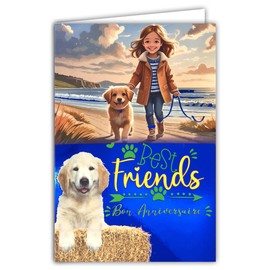 67-1296 Happy Birthday Card Girl Dog Puppy Pets Best Friends Walk to the Beach Sea Ocean Glossy Blue Illustration with White Envelope Size 12 x 17.5 cm Made in France