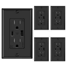 ELEGRP USB Wall Outlets, 15 Amp USB C Wall Outlets Receptacles, Outlets with USB A and C Ports, Tamper Resistant Receptacle, Wall Plate Included, UL Listed, 5 Pack, Black