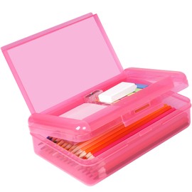 DANRONG Plastic Pencil Box, Large Capacity Pencil Case, Pencil Boxes Double Layer for Kids Adults, Colored Pencil Case, Hard Crayon Box Storage with Snap-Tight Lid for School Office Supplies (Pink)
