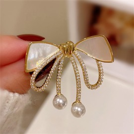 WETMT Gold Bow Brooch Pin for Women Cubic Zirconia Brooch Pins Pearl Lapel Pins for Wedding Party Prom Dress Coat Brooch Pin Jewelry (Type B)