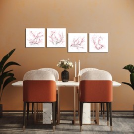 AoArtWZ 4 Piece Pink Flower Canvas Wall Art Plum Blossom Pictures Painting for Bedroom Decor Abstract Elegant Floral Prints Artwork