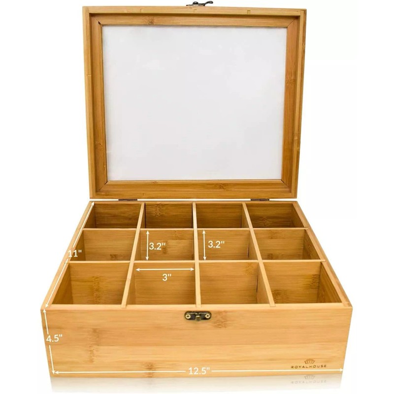 RoyalHouse Royal House Natural Bamboo Tea Box Storage Organizer, 12