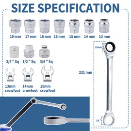 15 Pieces Ratcheting Serpentine Belt Tool Set Ratcheting Serpentine Belt Tensioner Tool Kit with Ratcheting Wrench, Crowfoot Wrenches, Socket Adapters, 6-Point Sockets