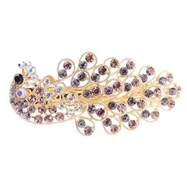 Sparkly Womens Girls Crystal Rhinestone Diamante Wedding Bridal Party Evening Ponytail Fine Hair Accessories Occasion Barrette Hairpin Grip French Metal Spring Clip Peacock Bird Gold Tone (Purple)