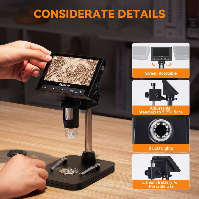 Elikliv Coin Microscope, 4.3'' LCD Digital Microscope 1000x, Coin Magnifier