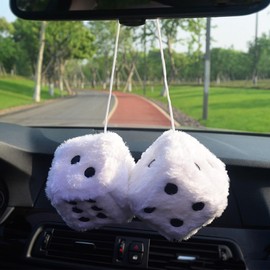 Fuzzy Plush Dice with PU Leather Dots Hanging Ornament, 3 inch Retro Square Hanging Decoration Truck Handle Strap Home Decorative Chrismas Tree Room Door Hanging Decoration (White)