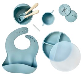 Lil' Lotus Silicone Baby Led Weaning Set, Non-Toxic, BPA Free, Latex Free, Includes Divided Plate & Cover, Spoon & Fork, Silicone Straw Cup with Snack Lid, Dishwasher Safe (Slate Blue)