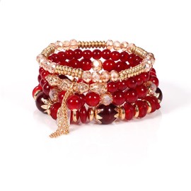 Nexoluxa Bohemian Stackable Bracelets for Women Beaded Stretch Charm Crystal Bracelets Set, Red