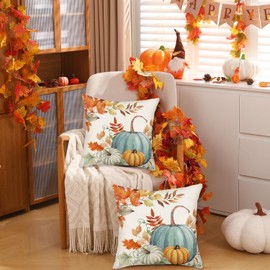 Qinqingo Fall Pillow Covers 24x24 Set of 2, Orange Green Blue Pumpkin Fallen Leaves Decorations Farmhouse Autumn Thanksgiving Outdoor Throw Pillow Covers for Home Sofa Couch