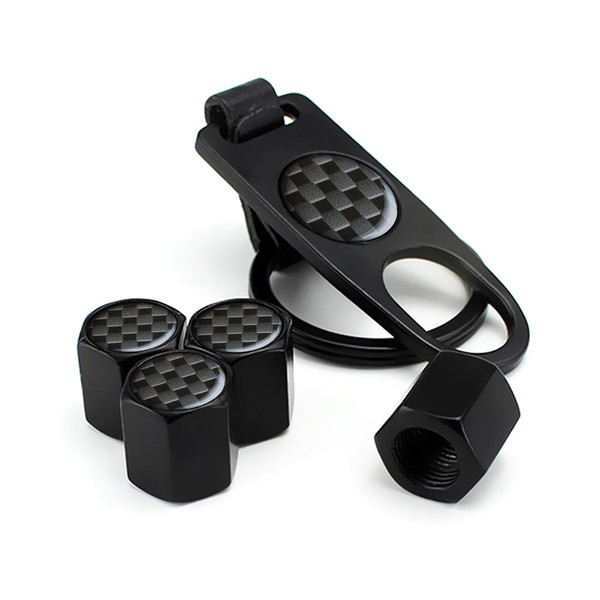 Checkerboard Tyre Valve Caps (4PCS) with Wrench Keychain (1PC), Universal