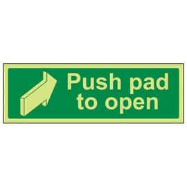 V Safety Glow In The Dark Push Pad To Open Door Sign - 300mm x 100mm - Rigid Plastic