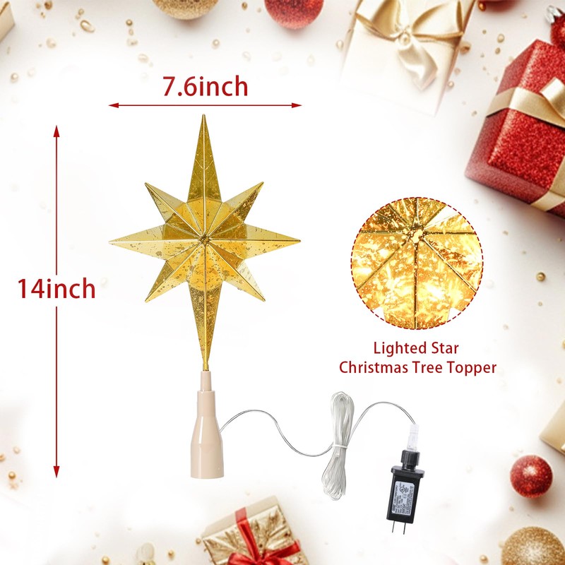 MUMTOP Christmas Tree Topper, Gold Christmas Star Tree Topper with