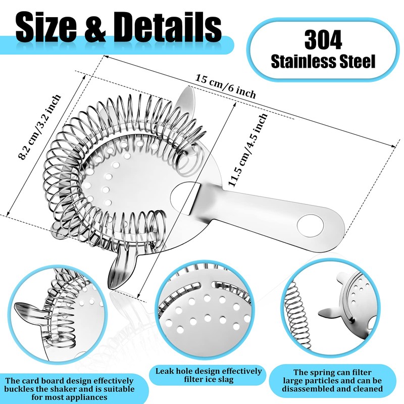 2 Pieces Fine Mesh Strainer with Handle Cocktail Strainer Stainless