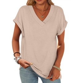 ANRABESS Womens Tops Short Sleeve V Neck T-Shirts Summer Loose Fit Dressy Business Casual Blouse Shirts 2025 Trendy Clothes Almond X-Large