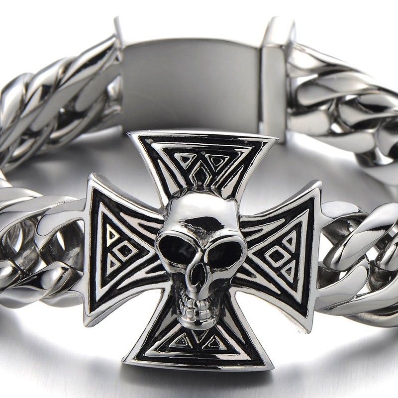 Mens Large Skull Cross Bracelet Stainless Steel Curb Chain Biker