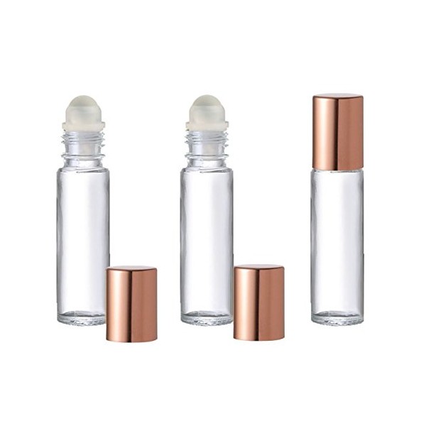 Grand Parfums Colored Glass Aromatherapy 10ml Rollon Bottles with Glass Roller and COPPER CAPS (6 Sets, Clear)