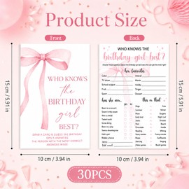Who Knows The Birthday Girl Best, 30Pcs Birthday Game Cards, Double-Sided Pink Bows Interactive Activity Supplies for Girls Teens Women Sleepover Party Girls Night, 15x10cm