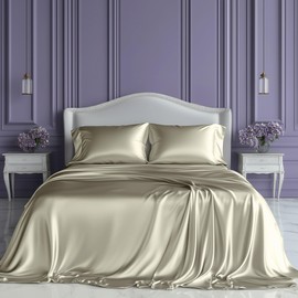 SLEEP SANCTUARY Satin Sheets King Size – 4 Piece Luxury Silky Bed Set, Softer Than Silk, 15" Deep Pocket, Cooling & Wrinkle-Free, Moisture-Wicking & Breathable for Hair & Skin (Taupe)