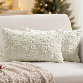 Christmas Cream White Lumbar Throw Pillow Covers Snowflakes Decorative 12×20 Inch Faux Wool Winter Festival Couch Pillow Covers Set of 2 Farmhouse Holiday Home Decors for Sofa Livingroom Bed