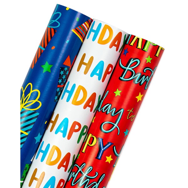 RUSPEPA Reversible Birthday Gift Wrapping Paper Roll - Mini Roll - 3 Rolls - 43.2cm x 3.05m Per Roll - Happy Birthday Lettering and Gift Box for Children's Birthday