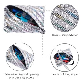 Zipit Large Pencil Case Metal Look Large Makeup Bag Silver