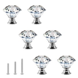 ShipeeKin Crystal Glass Cabinet Knobs, Chest of Drawers, Furniture Knobs, Crystal Furniture Handles, Furniture Knobs, 30 mm, Diamond Style Pull Handles for Chest of Drawers, Cupboards, Kitchen, Wardrobe, Bathroom, etc. (Pack of 6, Transparent)