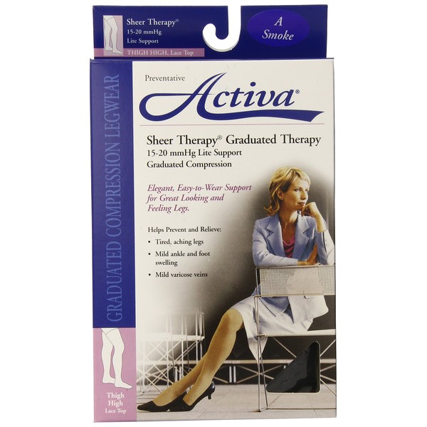 Activa Sheer Therapy 15-20 mmHg Thigh High Closed Toe with Lace Top Stockings, Smoke, Size A