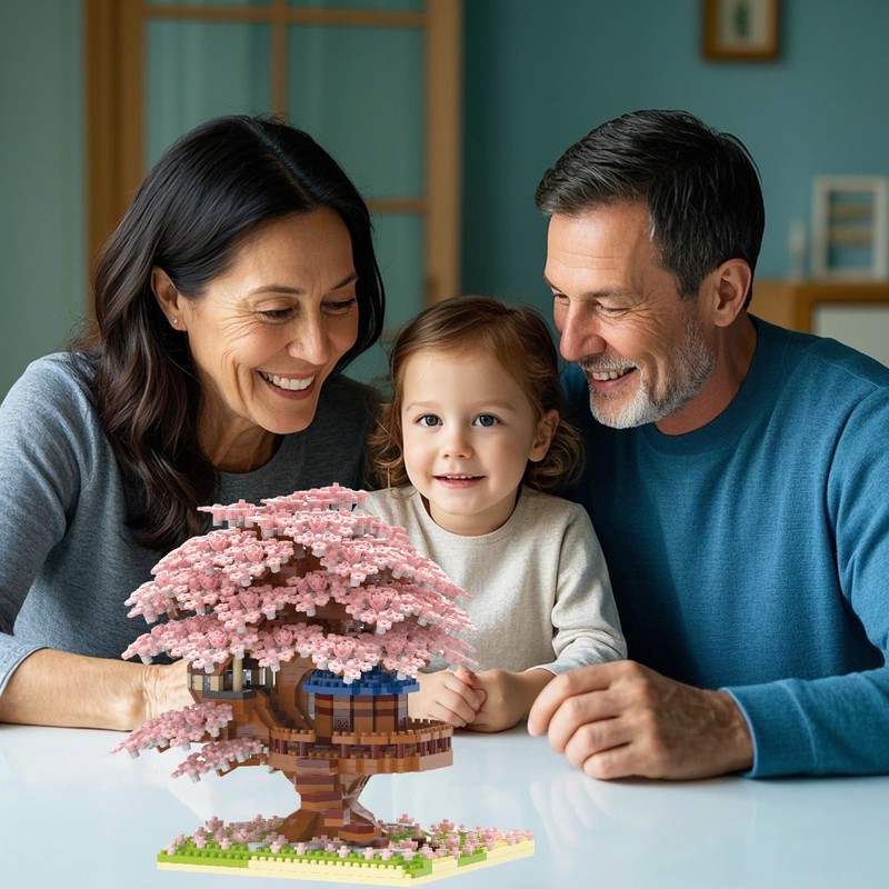Pink Cherry Blossom Tree House Micro Blocks Model, Building Blocks