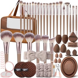 KUORYZAL Juego de brochas de maquillaje marrón profesional, 63 piezas con estuche sintético prémium para base, corrector, rubor, sombra de ojos, polvo