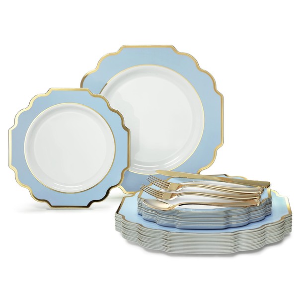 " OCCASIONS " 360 Pcs set (60 guest) Wedding Disposable Plastic Plate and Silverware Combo 10.5" + 8" + Silverware (Double Fork) (Imperial in White/Blue & Gold Rim, Gold Silverware)