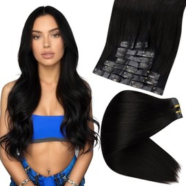 Full Shine Extensiones de Cabello Negro con Trama PU Invisible Clip Seamless 12 Pulgadas 95g 8 Piezas