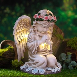 HUIKUANGEU Praying Angel, Solar Garden Statues, Fairy Tale Angel Sculpture, Outdoor Garden Statue, Guardian Angel Figurine with LED Solar Lantern, LED Guardian Angel Figurine in Prayer