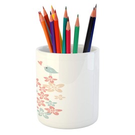 Ambesonne Valentines Day Pencil Pen Holder, Floral Arrangement with Bird Soft Daisies Vintage, Printed Ceramic Pencil Pen Holder for Desk Office Accessory, Tan Dried Rose Blue Grey White