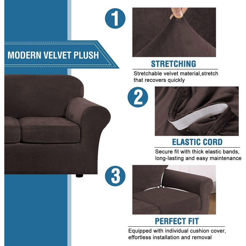H.VERSAILTEX Real Velvet Plush 3 Piece Stretch Sofa Covers Couch