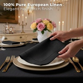 Signature Linen™ de D'Moksha Negro Servilletas de Cena, Juego de 4, Servilletas de Tela 50 x 50 cm, 100% Lino Puro, con Vainica, Servilletas de Mesa Lavables a Máquina- Verano