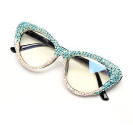 ICARA Oprah style Bling Rhinestone Cat Eye Reading Glasses for Women Shiny Diamond Blue Light Blocking Ladies Readers (blue/ab, 1.5, x)
