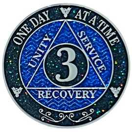 AA 3 Year Medallion, Silver Color Plated, Black Rainbow & Blue Glitter, Alcoholics Anonymous Coin