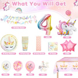 yosiio Unicorn Party Tableware Set, Unicorn 4th Birthday Decoration Set, Children's Birthday Party Paper Plate Set With Unicorn Balloons for Girls 4 Years Birthday Unicorn Theme Party Supplies