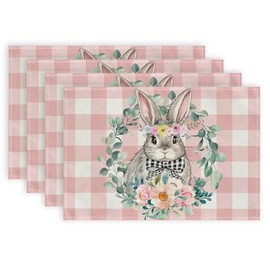 DineDia Easter Placemats 18x12 Inches Set of 4, Bunny Flower Eucalyptus Leaf Wreath Table Decor, Pink Buffalo Plaid Spring Burlap Farmhouse Indoor Outdoor Holiday Decoration Mats for Home DP063-4