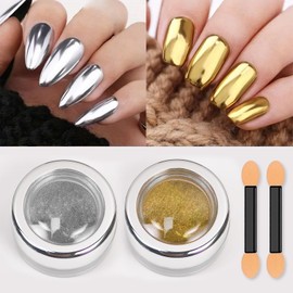 Gold Silver Chrome Nail Powder,2 Jar Nail Chrome Powder for Nails Mirror Metalic Effect Chrome Powder for Nails Home DIY Nail Art (Gold & Silver, M)